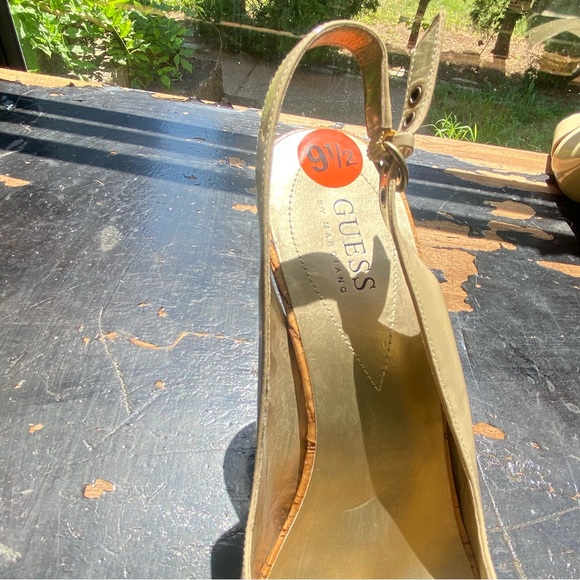 Guess Peep Toe Platform Sling Backs Beige Patent Leather Cork Spike Heels 9.5 - Picture 6 of 12